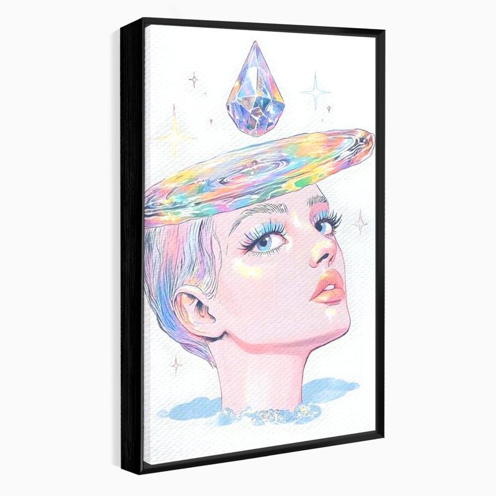 Tablou canvas cu ilustratie cu portret de femeie si galaxie, in rama de aluminiu negru